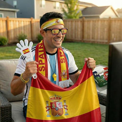 Soccer Fan Gear Set 2026-7 Piece Game Day Kit with Flag, Scarf, Glasses, Whistle, Clapper, Wristband & Headband in Gift Box - Watch Party & Stadium Essentials for Spain - color: Spain