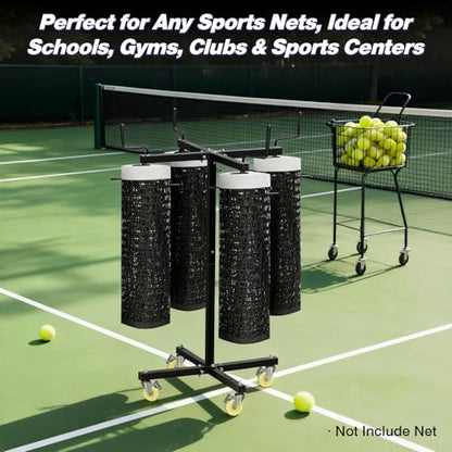 Movable Sports Net Storage Rack with Lockable Wheels, Heavy-Duty Holder for Volleyball, Tennis, Pickleball, Badminton Nets, Space-Saving Support Rack with Swivel Handle & Dust Covers - style: Holds 4 Nets
