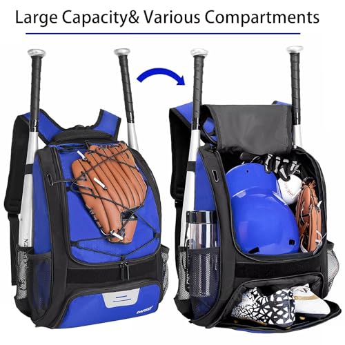 DAFISKY Baseball Bag Softball Backpack - Youth Adult T Ball Bat Equipment Bag with Bat Helmet Holders, Shoe Compartment - color: Blue