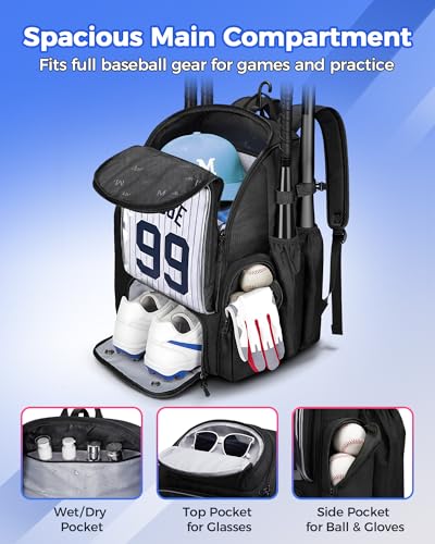 MATEIN PRO Youth Baseball Backpack for 4 Bats with Collapsible Shoes Compartment, Water-Resistant Large Boys Baseball Bat Bag with Clear Display Pocket & Insulated Beverage Pocket Holds Glove, Helmet - color: Black