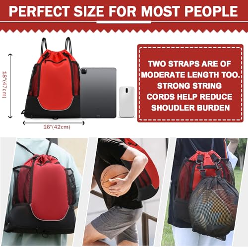 KAEGREEL Drawstring Soccer Bag Basketball Backpack for Kids Teens, Foldable Sports Bags Detachable Ball Mesh Bag for Gym Yoga Football Baseball - color: Red