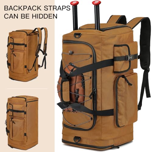 Large Baseball Duffle Bag Softball Backpack for Adult & Youth, 65L Spors Gym Duffel Equipment Bag with Shoe Compartment and Bat Holder, Catchers Gear Bag Fits Batting Mitten, Tball Gear, Helmet - color: Brown
