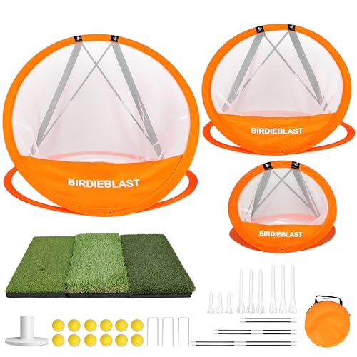 Professinoal Golf Chipping Net with Golf Hitting Mat,12 Practice Foam Balls and 2 Pixing Pins, for Indoor and Outdoor Target Chipping Training - style: 3*Chipping Net+Tri-Turf Hitting Mat