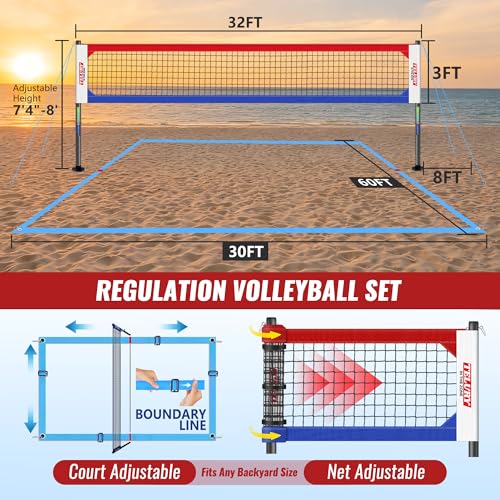 Heavy Duty Professional Volleyball Net Set Aluminum Poles, 32 ft Regulation Portable for Outdoor Backyard Beach, Anti-Sag, Adjustable Height & Length with Carry Bag - color: Red and Blue