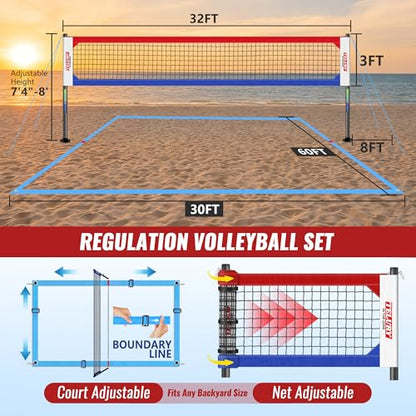 Heavy Duty Professional Volleyball Net Set Aluminum Poles, 32 ft Regulation Portable for Outdoor Backyard Beach, Anti-Sag, Adjustable Height & Length with Carry Bag - color: Red and Blue