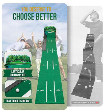 Putting Green Indoor - Golf Putting Mat boasts Genuine Green Speed and a Wrinkle-Free Surface. 8ft Practice Putting Mat with lenticular 3D Backplate, Alignment Guides and Ball Return