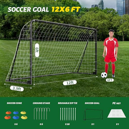 NAIZEA Soccer Goals - 24x8/21x7/18x7/12x6/16x7/10x6/8x6/6x4FT Soccer Goals for Backyard Training- Portable Metal Soccer Net for Youth & Adults - Heavy Duty Steel for Indoor Outdoor Games & Practice - size: 12ft x 6ft, style: Trainer-Black/Steel