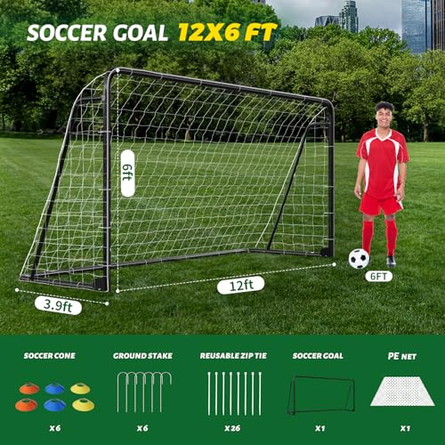 NAIZEA Soccer Goals - 24x8/21x7/18x7/12x6/16x7/10x6/8x6/6x4FT Soccer Goals for Backyard Training- Portable Metal Soccer Net for Youth & Adults - Heavy Duty Steel for Indoor Outdoor Games & Practice - size: 12ft x 6ft, style: Trainer-Black/Steel