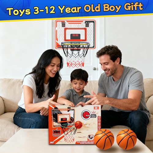 LED Basketball Hoop for Kids - Over The Door Indoor Hoop with Electronic Scoreboard & 3 Mini Balls, Birthday Gift for Boys Girls Ages 5 6 7 8 9 10 11 12+ Years Old