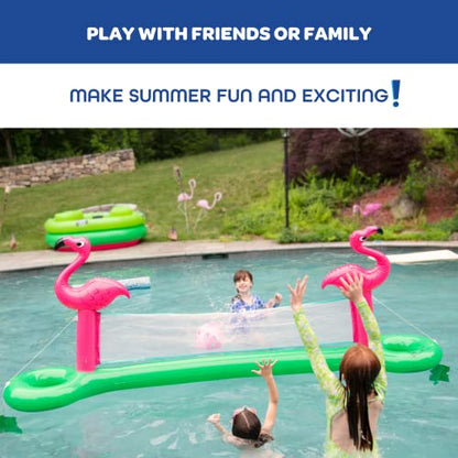 Giant Inflatable Pool Volleyball Net Set w Ball- 12 ft Long XL Size, Durable Thick PVC Material- Flamingo- Easy Inflate- Outdoor/Backyard Summer Swim BBQ Party Fun- Kids, Teens Water Float Game Toy