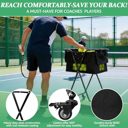 Tennis Ball Hopper Cart with 4 Wheels，Foldable Large Capacity Pickleball & Tennis Ball Collector for Court Training, Coaching