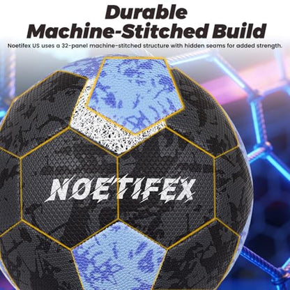 Soccer Ball Size 5 for Youth & Adults, Black Blue PU Leather, Durable Machine-Stitched 32-Panel Football, Hidden Seams, Water-Resistant, Outdoor & Indoor Training Ball