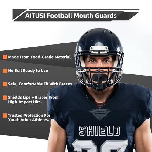 4-Pack Football Mouth Guards, Permanent Strap, No Boil Ready to Use, Fits Braces, Breathable Lip Protector Mouthpiece with Case for Youth & Adult Football Players (Black/White/Blue/Green)