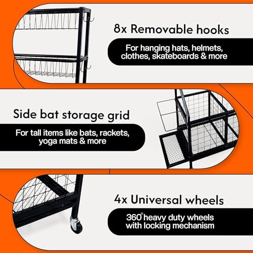 AMPLY Sports Equipment Organizer, Rolling Sports Ball Storage Garage Rack with Large Ball Bins, Side Bat Grid and Multi-Tier Shelves, Steel Rust-Resistant Gear Cart for Families, Schools, Gyms