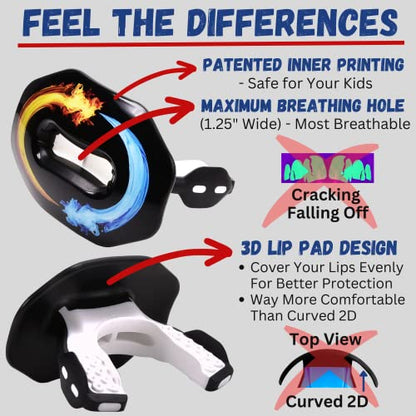 Oral Mart Flag Football Mouth Guard with 3D LipFit Design for Kids - Youth Football Mouthguard (No Boil) Cool Instant Fit Lip Guard Mouthpiece for Braces (Detachable Helmet Strap Included) - color: Ice & Fire