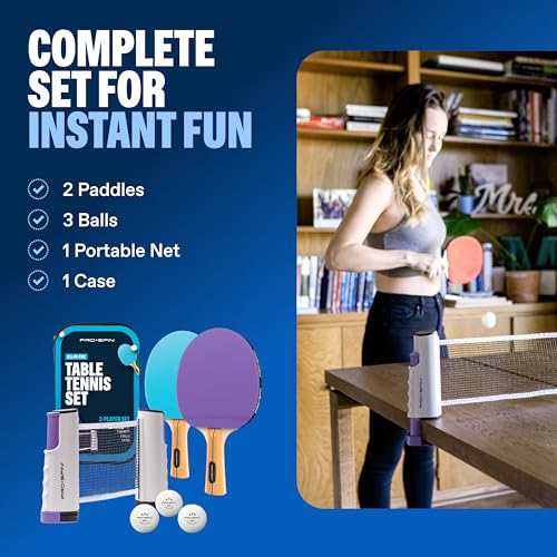 PRO-SPIN Portable Ping Pong Set with Retractable Ping Pong Net for Any Table, All-in-One Table Tennis Set with Ping Pong Paddles, Balls & Case, Table Top Family Game - color: 2-Player Set | Purple/Blue