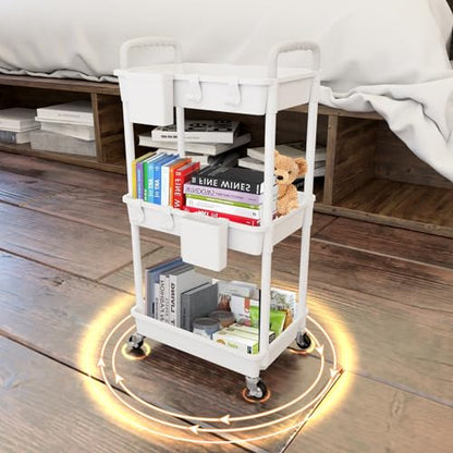 3 Tier Rolling Utility Cart with Handle,REBECAT Utility Cart Made of Multifunctional Storage Organizer Tool for Kitchen,Bathroom,Living Room,Office(White) - color: White