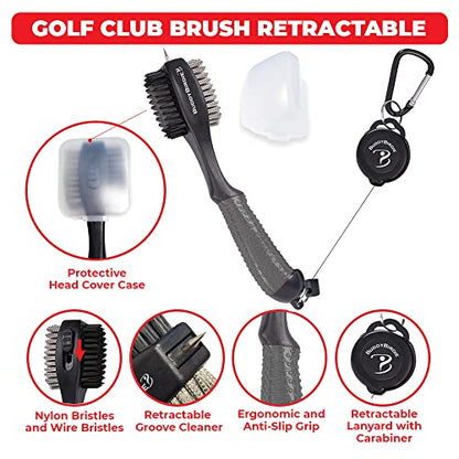Retractable Golf Club Brush | Oversize Double Brush & Ergonomic Grip & Retractable Groove Cleaner & Lanyard - color: Gray