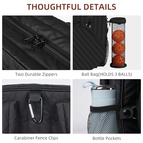 Women's Pickleball Bag with Ball Bag, Waterproof Pickle Ball Bag Tote Shoulder Bag - color: Black