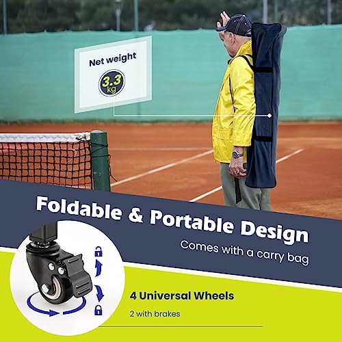 GYMAX Tennis Ball Hopper, Folding 150 Tennis Ball Holder Cart with Carry Bag, Easy Assembly Frame, Removable Bag & 4 Universal Wheels, Portable Durable Tennis Ball Basket for Ball Pickup - color: Navy Blue