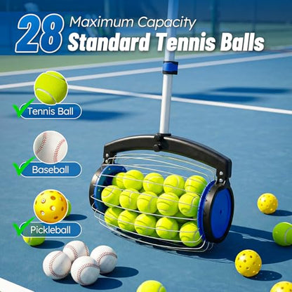 zozen Tennis Ball Picker with Storage Bag, No Bending Quick Pickup Roller, Adjustable Telescopic Handle, Holds Up to 28 Tennis Balls, Lightweight & Portable Collector for Tennis/Pickleball/Baseball