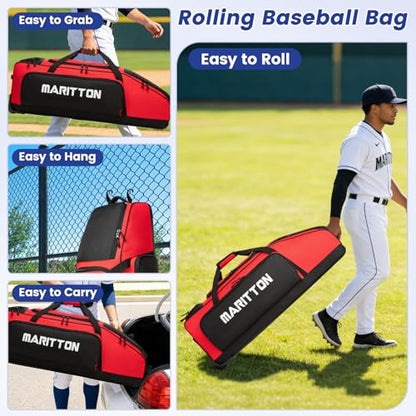 Rolling Baseball Catchers Gear Bag with Wheels, Large Baseball Softball Bag for 4 Bats with Shoe Compartment, Fence-Hooks and Multi-Pockets.