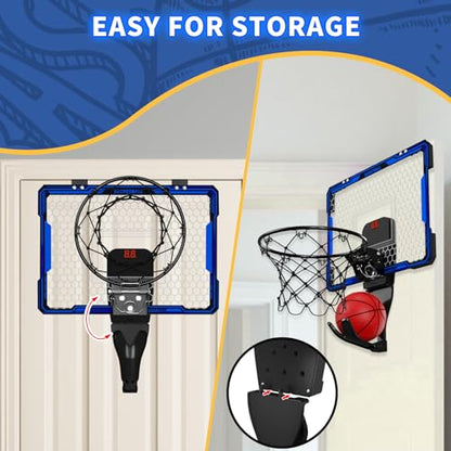 HYES Basketball Hoop Indoor, Mini Basket Ball Hoop with 7 LED Lighting, Scoreboard, Over Door Basketball Hoop with 3 Modes, Volume Adjustable, Foldable, Basketball Toys Gifts for Kids Adults - size: blue- with remote controller