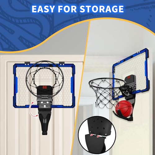 HYES Basketball Hoop Indoor, Mini Basket Ball Hoop with 7 LED Lighting, Scoreboard, Over Door Basketball Hoop with 3 Modes, Volume Adjustable, Foldable, Basketball Toys Gifts for Kids Adults - size: blue- without remote controller