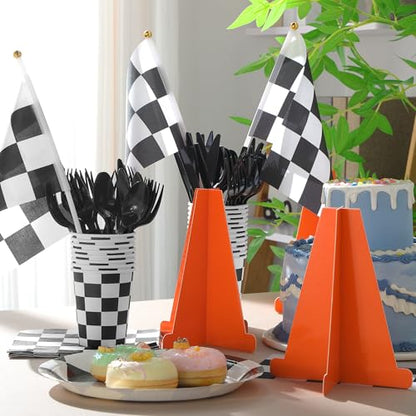 Affrolling Racing Car Party Decorations Include 6 Orange Traffic Cones and 12 Checkered Flags Mini Black and White 7 Inch Cardboard Cones for Race Car Theme Birthday Party Decorations