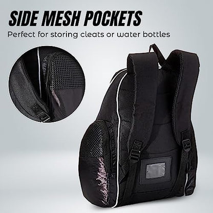 Vizari Solano Soccer Backpack With Ball Compartment and Vented Ball Pocket and Mesh Side Cargo Pockets for Adults and Teens - color: Black