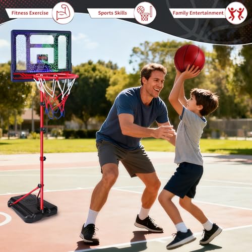 Basketball Hoop for Kids 3 4 5 6 7 8 Years Old, Electronic Basketball Goal with Adjustable Stand, 7 LED Lights & Scoreboard, Indoor Outdoor Sports Toy, Birthday for Kids Boys Ages 3-12