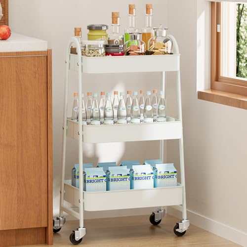 NEWBULIG 3-Tier Rolling Storage Cart, Metal Mobile Utility Organizer Shelf with Lockable Wheels, Space-Saving Freestanding Storage for Bathroom Living Room and Narrow Corner Spaces, White