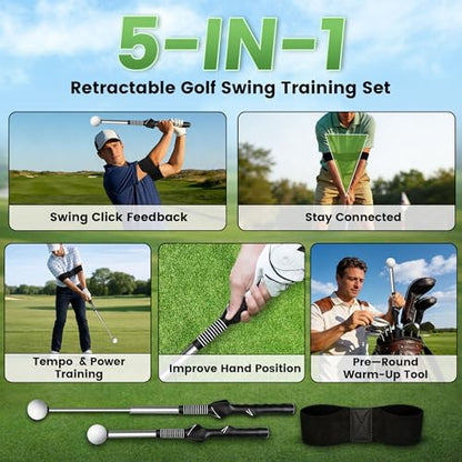 Retractable Golf Swing Training Aid,Golf Swing Trainer with Arm Band,Swing Mechanics for Beginners & Grip Correction & Swing Click Feedback,Right/Left