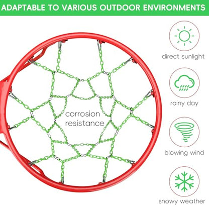 Basketball Net Heavy Duty Replacement,Carbon Steel Chain Basketball net, Anti-Rust Use Indoor Outdoor Standard 12 Loops Hoop - color: Green