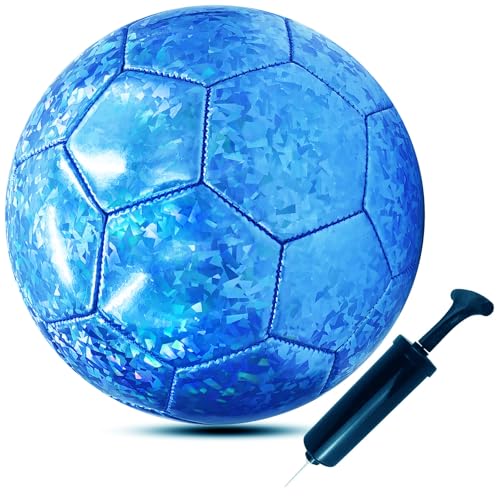 ABAJI Soccer Ball Size 3 4 5 Shiny Pattern Soft Leather Practice Training Gift Soccerball for Boys Girls Come with Pump Needle - color: Blue, style: Size 3