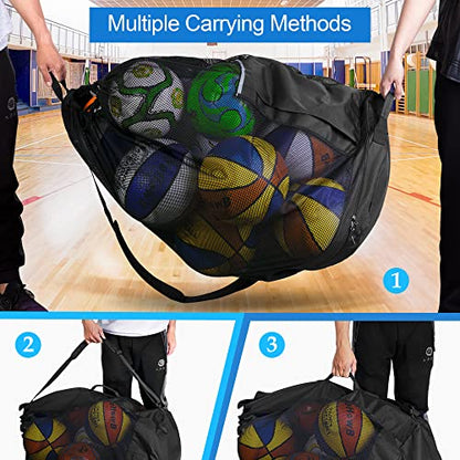 GOBUROS Extra Large Mesh Ball Bag, Basketball and Soccer Ball Bag with Drawstring System and Adjustable Shoulder Strap for Basketball, Soccer, Football, Volleyball, Rugby and Beach Sports, Black