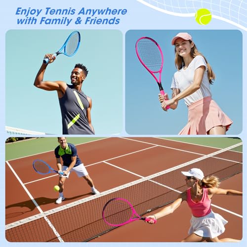 AboveGenius Neon Tennis Rackets 2 Pack for Adults- 27" Lightweight Aluminum Tennis Racquet Set with 3 Balls & Bag- Vibrant High-Visibility Matte Finish for Men Women Beginners - color: Pink/Blue