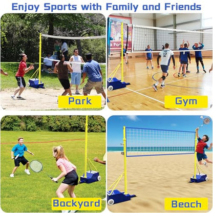 Volleyball Poles with Net, Portable Badminton Net with Poles, 4 Adjustable Heights Volleyball Net Stand for Backyard, Indoor, Outdoor