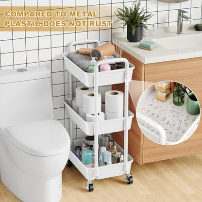 3 Tier Rolling Cart with Wheels, White Plastic Three Tiered Roller Shelf Cart on Lockable Wheels, Small Utility Storage Organzier Carts for Craft, Art, Baby Diaper Caddy, Snack, Dorm, Kitchen,Bathroom