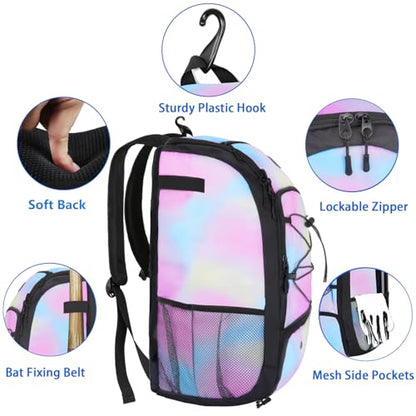 MATEIN Baseball Backpack, Softball Bat Bag with Shoes Compartment for Youth, Boys and Adult, Lightweight Baseball Bag with Fence Hook Hold TBall Bat, Batting Mitten, Helmet, Caps, Teeball Gear - color: Tie Dye, size: 29L