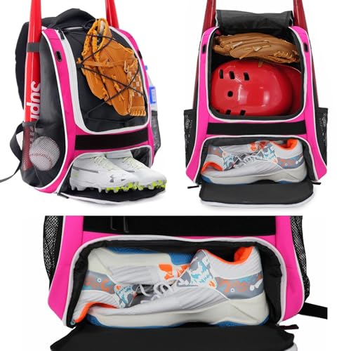 WOLT Youth Baseball Bag - Bat Backpack for Baseball, T-Ball & Softball Equipment & Gear, Bat & Glove Holder, Large Main Compartment for Helmet & accessories, Separate Shoes Compartment, Fence Hook - color: pink