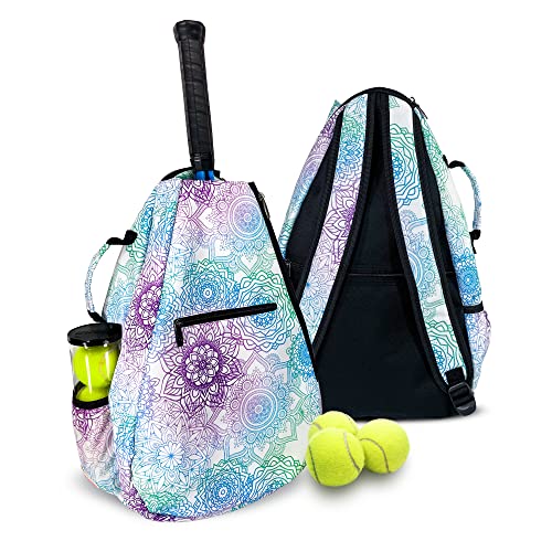 Womens Tennis Backpack - Taboo Fashions Ladies Tennis Bag Holds Two Racquets, Padded Straps and Side Carry Handle - color: White, Purple, Blue, Green