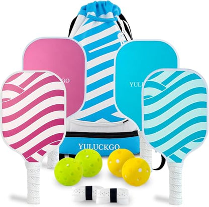 Pickleball Paddles Set of 4 Fiberglass Pickleball Racket, 4 Outdoor/Indoor Balls|Pair of Grip Tapes|1 Portable Carry Bag Set Gift for Men Women Beginners