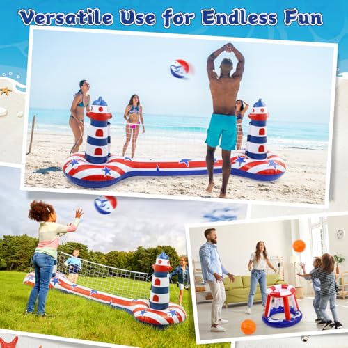 EagleStone Inflatable Pool Float Set with Volleyball Net & Basketball Hoop,2-in-1 Floating Water Games for Kids Adults, Backyard Beach Summer Toys, Heavy-Duty PVC Family Pool Party Essentials - color: Red