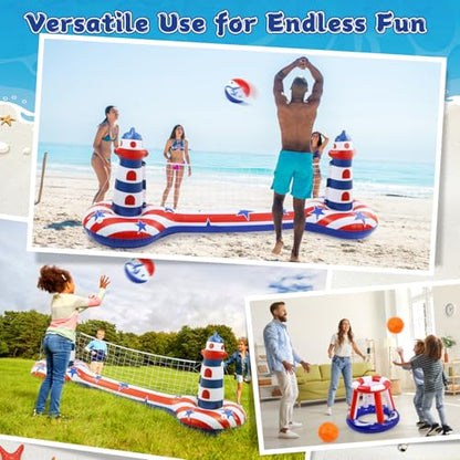 EagleStone Inflatable Pool Float Set with Volleyball Net & Basketball Hoop,2-in-1 Floating Water Games for Kids Adults, Backyard Beach Summer Toys, Heavy-Duty PVC Family Pool Party Essentials - color: Red