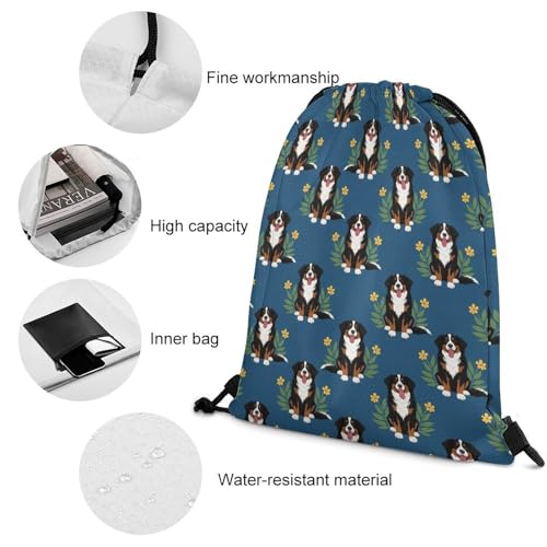 Gym Drawstring Backpack Water Resistant Sackpack with Compartment for Swimming Beach Sports Travel Unisex, Floral Bernese Mountain Dog Navy Blue Bags - color: Picture (355)