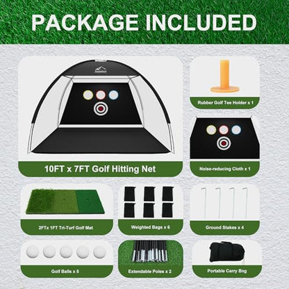 Golf Net, 10x7 Ft Golf Hitting Net with Tri-Turf Mat, Multi-Target Golf Practice Net for Outdoor/Indoor Chipping & Driving, Ideal Gift for Men/Dad/Husband/Golfers