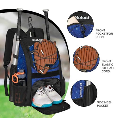 Goloni Youth Baseball Bag,Baseball Backpack with Shoes Compartment,Softball Bag with Fence Hook for T-Ball Bat & Equipment - color: Starry Sky Blue