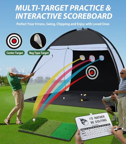 Golf Net, 10x7ft Golf Hitting Aid with Mat, Designed for Outdoor & Indoor Use, Practice Nets for Backyard Driving Real Balls, Ideal Gifts for Men Dad Husband & Golfers