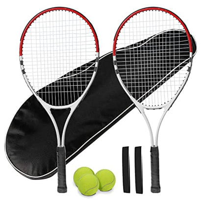Tennis Racket Pre-Strung Lightweight 27 Inch Racquet Recreational Adult Rackets for Men Women Students Training Tennis Starter Kit with Balls,Carry Bag and Overgrips - color: Red/White - 2 Rackets